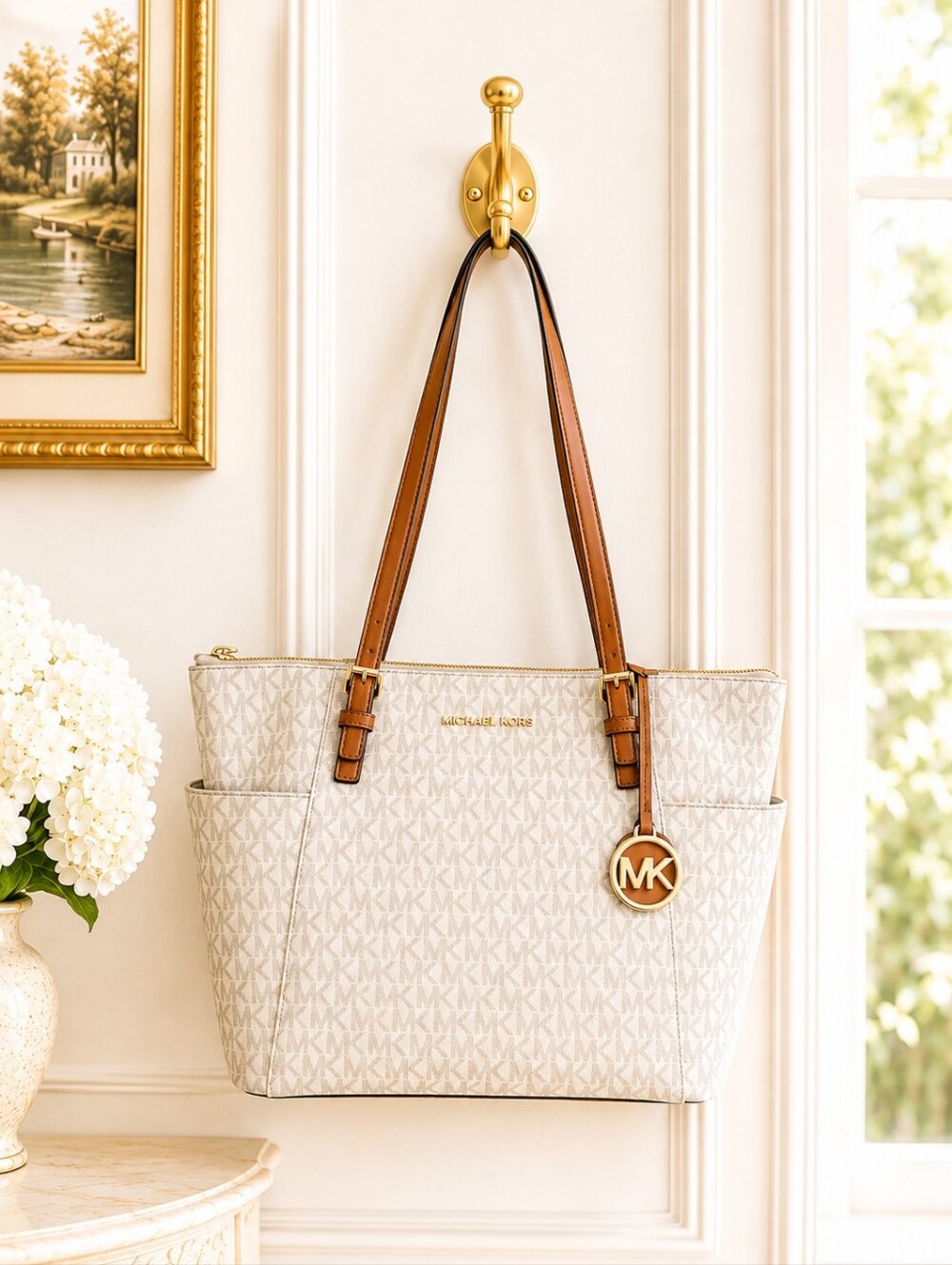 Michael Kors Jet Set  Large East West Tote | Vanilla Acorn MK Signature Bag